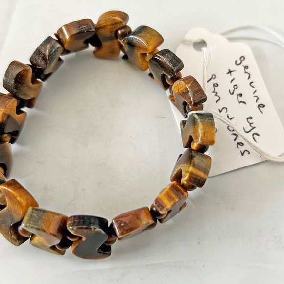 BRACELET, GENUINE TIGEREYE GEMSTONES BEADS AND S-SHAPES, STRETCHY, TAG ON, NEW, - Picture 2 of 2